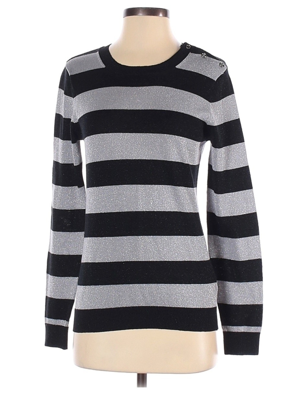 Black & Silver Stripe Women’s Sweater with Shoulder Buttons